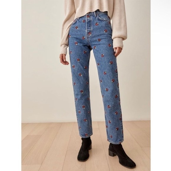 Reformation Mushroom Embroidered High Rise Straight Jeans Size 23 - Picture 2 of 11